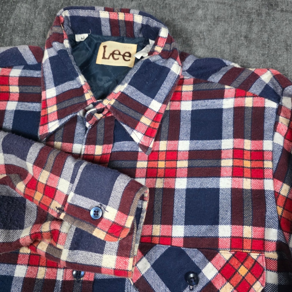 Vtg 70s Lee Plaid Flannel Shirt Mens Medium Quilted Lined Made in USA Navy Red M